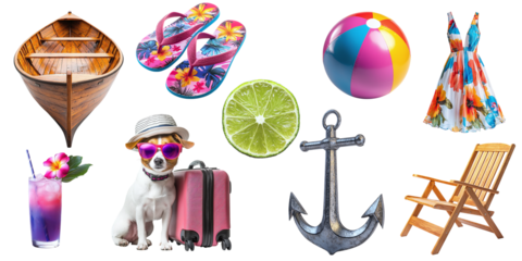 Set of summer items for rest and relaxation isolated on transparent background PNG. Summer things for beach vacation, boat, anchor, dog, suitcase, dress, beach chair, cocktail, lime
