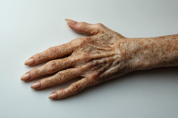 Fototapeta premium Aged hand with hyperpigmentation and age spots, lighter skin contrasts with brown patches, veins and textures softly lit on white background.