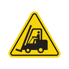 Warning sign featuring forklift operator in action, industrial safety alert symbol, yellow triangular design