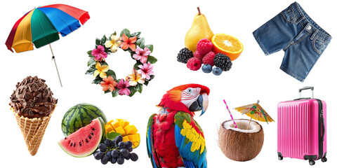 Set of summer items for rest and relaxation isolated on transparent background PNG. Summer things for beach vacation, parrot, coconut, cocktail, ice cream, fruits, shorts, umbrella, suitcase