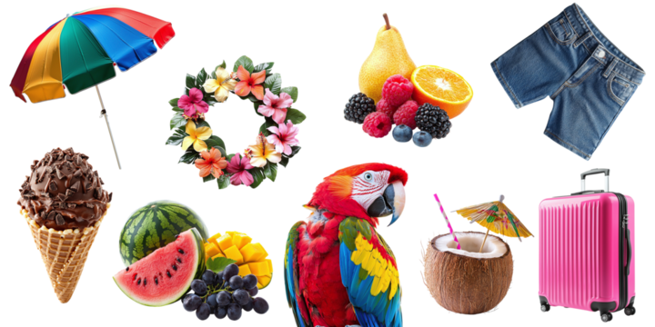 Set of summer items for rest and relaxation isolated on transparent background PNG. Summer things for beach vacation, parrot, coconut, cocktail, ice cream, fruits, shorts, umbrella, suitcase
