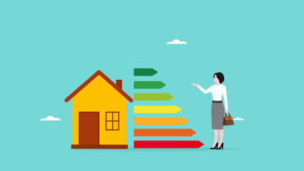 business energy efficiency, energy savings at home or business industry, saving rate for reduce carbon footprint, woman presents house with energy efficient rating class to save cost green energy