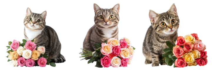 Set of beautiful cats with bouquets of roses isolated on transparent background PNG