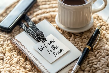  Lanyard and welcome badge card beside journal and pen, neutral tones and soft side light highlight onboarding setup on white background.
