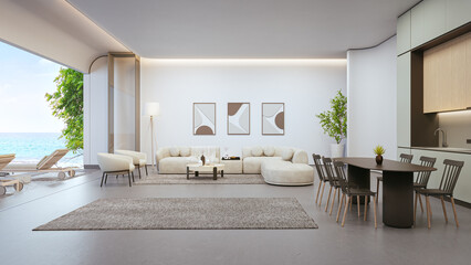 Sea view large living room of luxury summer beach house with terrace. Dining table on concrete floor and white wall kitchen in vacation home or holiday villa. Hotel interior 3d illustration.