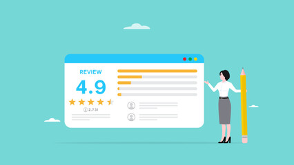 customer satisfaction improvement, business rating review or analysis, client questionnaire concept, good customer opinion about product, woman with an excellent customer satisfaction dashboard