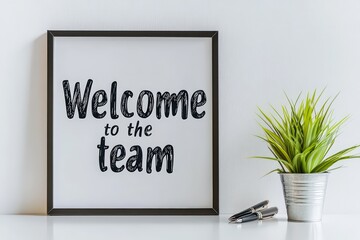  Framed "Welcome to the team" poster leaning slightly, bold black modern type, small plant and pen nearby for stylish balance, white background.