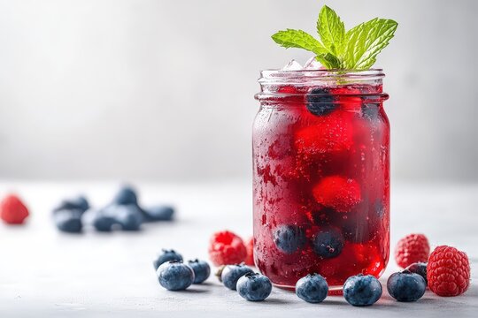  Mixed berry juice in mason jar, rich red-purple tone with mint garnish, scattered berries and juice droplets add freshness, white background.