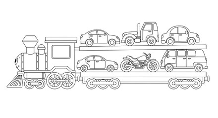Fototapeta premium Train carrying vehicles coloring page for kids transportation themed activity sheet on transparent background