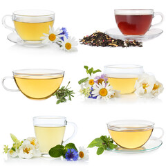 Herbal tea in glass cups and fresh herbs isolated on white, collage