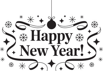 Elegant Happy New Year Typography with Snowflakes and Ribbons &ndash; Black and White Vector Design