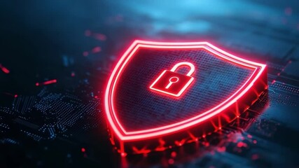 Red neon shield with lock icon represents digital security and cybersecurity protection, highlighting advanced technology and data safety for secure digital environments - Powered by Adobe