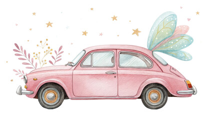 Enchanted Pink Classic Car Watercolor Illustration of a Magical Vintage Vehicle with Fairy Wings