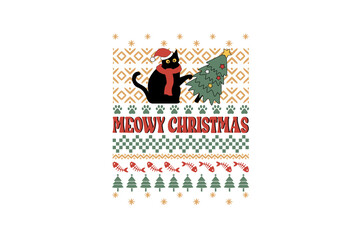  Meowy Christmas - A black cat wearing Santa hat and scarf holds a Christmas tree, Retro Christmas Typography Sweater design