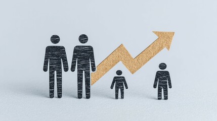 Stick figures representing family with upward arrow indicating growth or success.