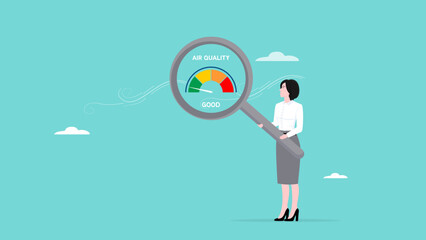 air quality, air quality index, good and fresh air conditions free from pollution, woman holding magnifying glass to check the air quality