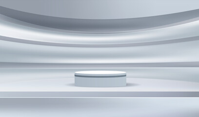 Gray studio empty room with pedestal podium for mock up product. Grey geometric platform with horizontal lines design backdrop. Luxury scene for display products vector.
