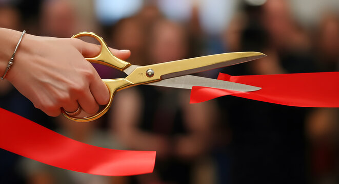 Person Cutting Red Ribbon with Gold Scissors in Celebration Event