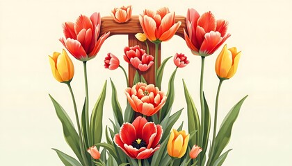 Obraz premium Wooden cross adorned with vibrant tulips in red, orange, and yellow, surrounded by green leaves.