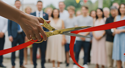 Group of Diverse People Attending Ribbon Cutting Ceremony Outdoors