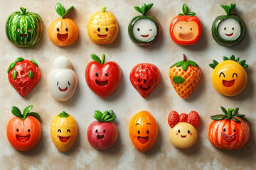 Colorful fruit and vegetable shapes with happy faces.