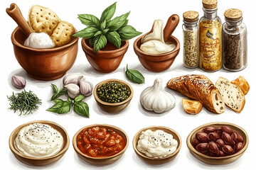 Assorted culinary ingredients displayed in various containers.