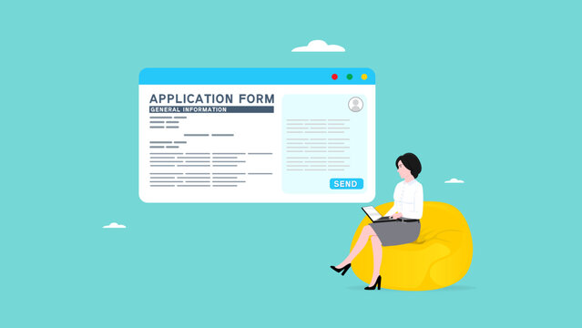 complete application form, apply for a job online or employment application, university enrolment form, business agreement or college admission form, woman sitting using a laptop filling out a form