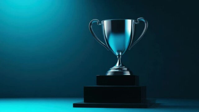 Silver trophy cup on black pedestal with blue spotlight shining, symbolizing achievement and success in competition, award, and celebration of excellence under calm inspiring atmosphere