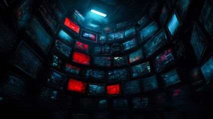 Fototapeta premium A dimly lit room features multiple screens displaying complex data in shades of red and blue, creating a futuristic atmosphere, Ideal for tech-related projects, cybersecurity visuals