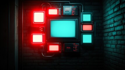 Obraz premium A collection of retro-styled CRT screens with vibrant neon lighting against a dark brick wall, ideal for projects related to technology, retro aesthetics, or cyberpunk themes,