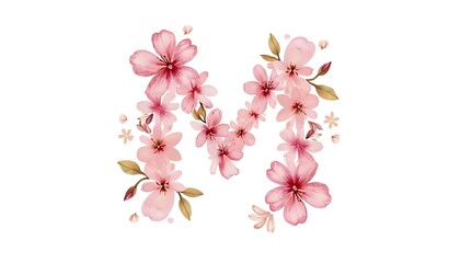 Watercolor letter M formed by delicate pink cherry blossoms and leaves.
