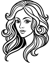 A stunning vector illustration of a woman's face with long, curly black hair, showcasing her glamorous beauty and artistic makeup style