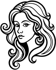 Fashionable woman's face sketch with long, curly hair, showcasing her beauty, elegant makeup, and glamour through vector art design