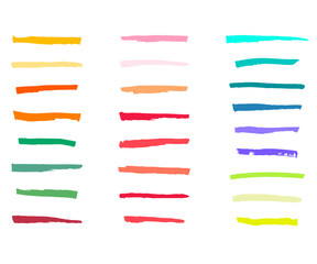 Collection of vibrant hand drawn marker strokes in various colors isolated on transparent background, perfect for highlights, design accents, and creative projects. Vector art