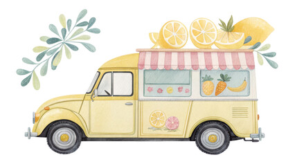 Lemonade Stand on Wheels A Charming Watercolor Illustration of a Vintage Food Truck