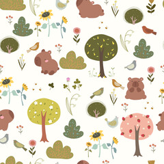 Seamless pattern with capybaras, plants, trees, birds and bees. Vector illustration with hand drawn animals and plants. Vector illustration