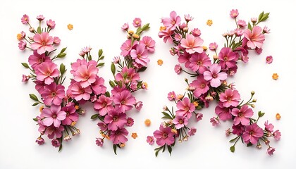 Pink blossoms artfully arranged to form the letters "WX" against a white background, interspersed with gold confetti.