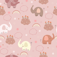 Elephants, rainbows, clouds, hearts and flowers, seamless pattern. Vector illustration with cute animals, rainbows and hearts..