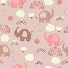 Cute hand drawn elephants, sun, clouds, rainbows and flowers. Vector illustration with animals and sky, cute seamless kids pattern.