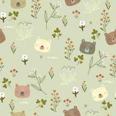 Cartoon hand drawn bears, flowers, and hearts. Vector illustration with cute animals and plants, seamless pattern.