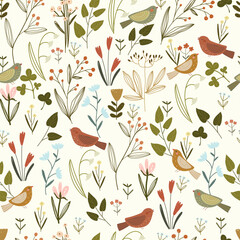 Hand drawn pattern  with  flowers, leaves, berries and small cute birds on white. Vector illustration with plants and animals, seamless pattern.
