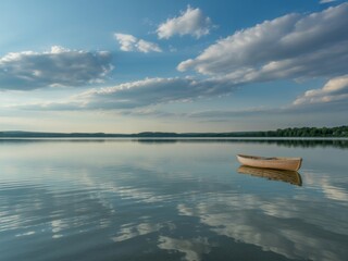 Serene lake landscape with wooden rowboat at sunset