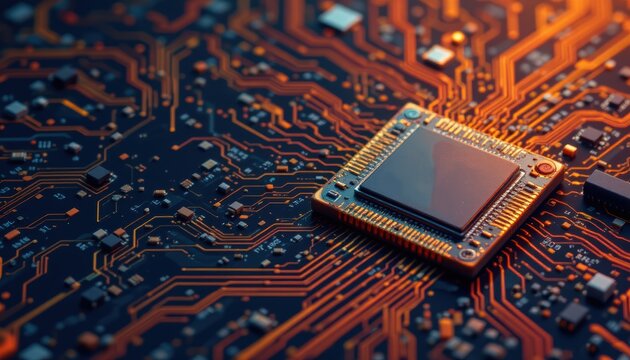create an ai themed illustration featuring a puter chip and motherboard on the left side of the image, the motherboard should be clearly visible