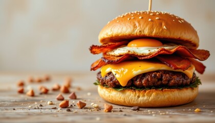 bacon and egg hamburger in brilliant amber tones subject at the top with ample copy space at the bottom, optimized for photo use, avoid trademarked terms, specific names