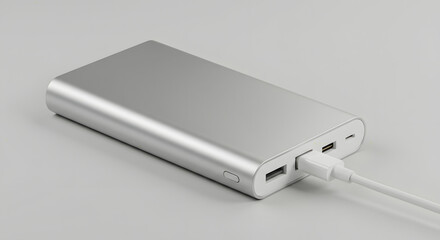 Silver Portable Power Bank Charging Device on Light Gray Surface