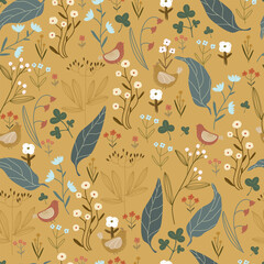 Floral pattern with different flowers, leaves, berries and cute birds. Vector illustration with plants and animals, seamless pattern.