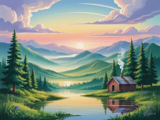 Fototapeta premium Serene mountain cabin sunrise lakeside view