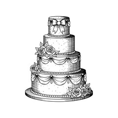 Hand Drawn Vintage Style Wedding Cake Illustration with Roses, Ribbons, and Elegant Tiered Layers in Stipple Engraving Technique

