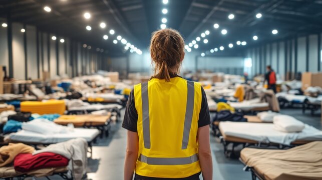 Person in yellow disaster relief vest navigating cluttered indoor shelter filled with cots, blankets, and relief supplies under low lighting
