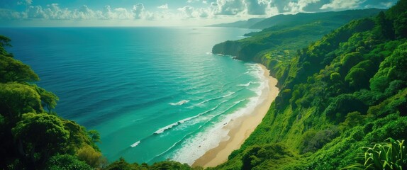 Fototapeta premium A Serene Coastal View From Above, Showcasing A Vast Ocean And Lush Greenery with Empty Copy Space For Text